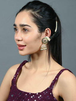 Odette - Green Stone Studded Attached Ear Chain Jhumka Earrings