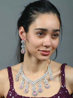 Odette - Light Pink Alloy Stone Studded Embellished Jewellery Set