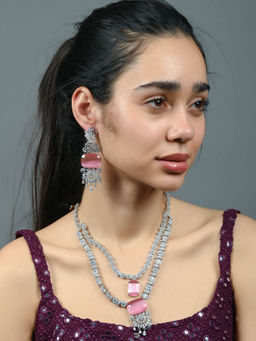Odette - Light Pink Alloy Stone Studded Party Jewellery Set