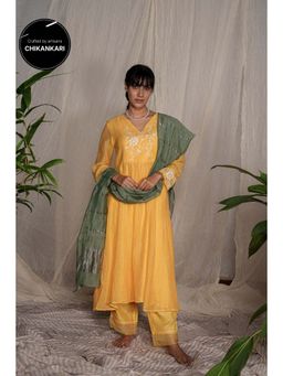 PANTS AND PAJAMAS - Yellow Chikan Embroidered Kurta (Set of 3)