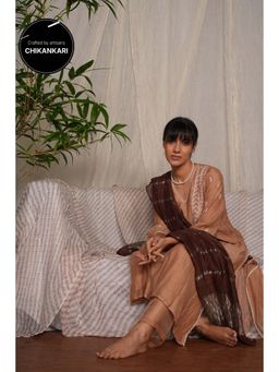 PANTS AND PAJAMAS - Beige Chikan Embroidered Kurta (Set of 3)