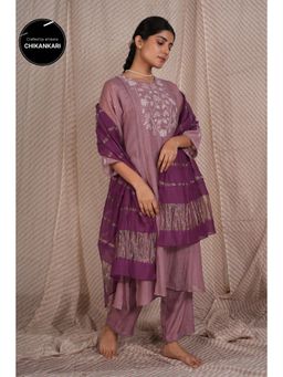PANTS AND PAJAMAS - Purple Chikan Embroidered Kurta (Set of 3)