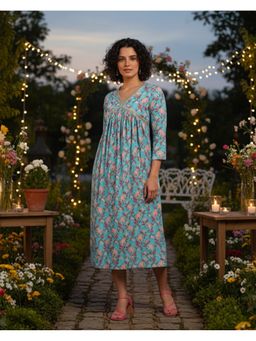 Maaesa - Women Casual Floral Printed Cotton V-Neck A-Line Dress