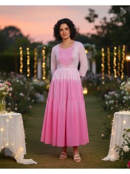 Maaesa - Women Cotton Embroidered Pink Round Neck Dress