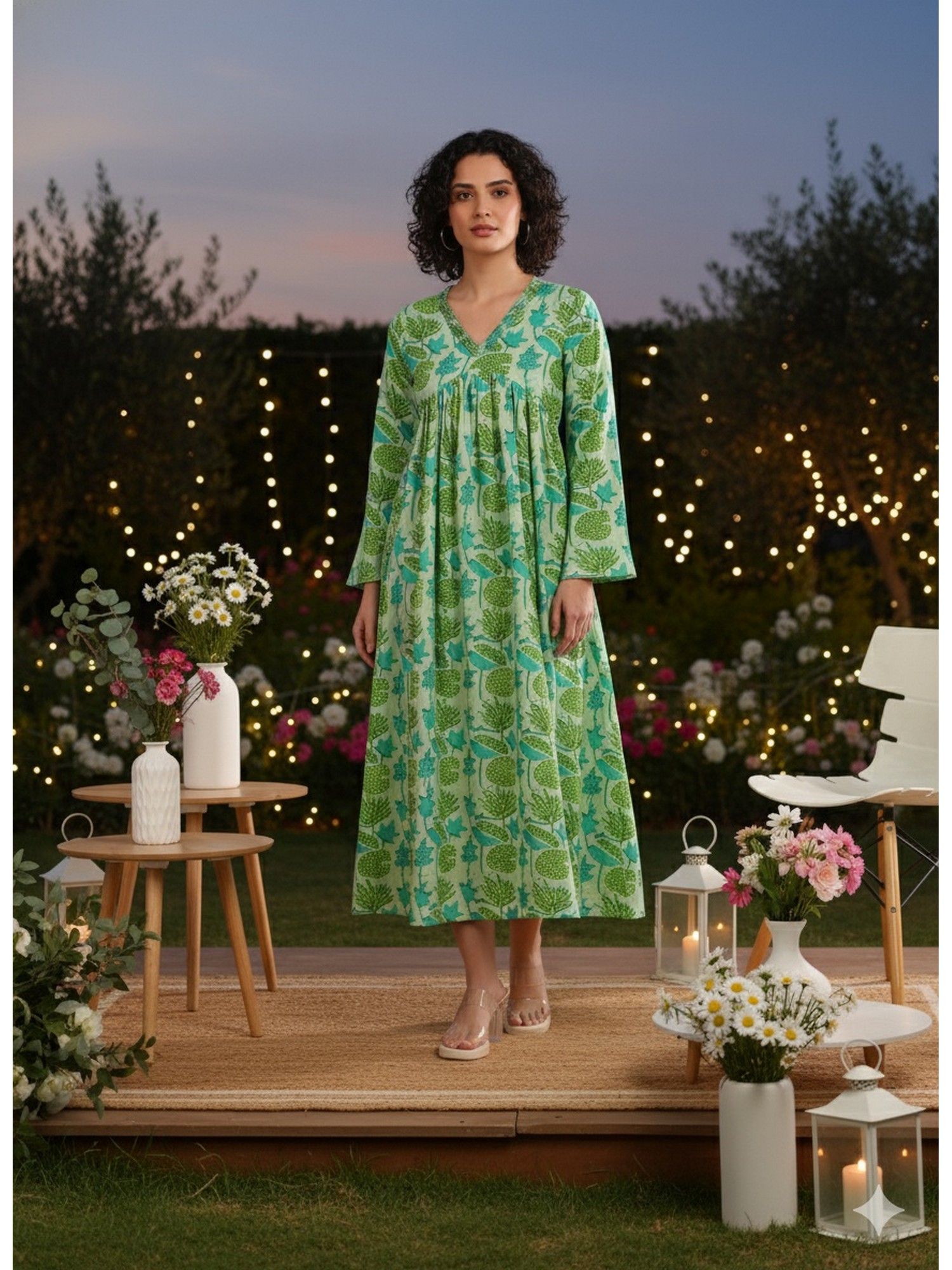 Women Cotton Printed Green A-Line Dress-image-4
