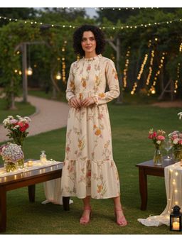 Maaesa - Women Cotton Printed White A-Line Dress