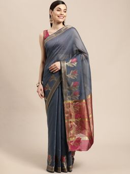 VAIRAGEE - Grey and Red Ethnic Motifs Cotton Saree with Unstitched Blouse