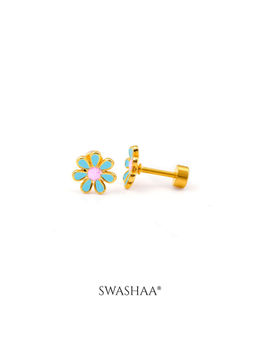 SWASHAA - Miss Sky Blue Flower 18K Gold Plated Kid's Earrings (2-12 Years)
