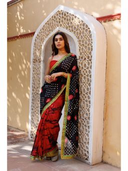 Geroo Jaipur - Red Black Shibori Bandhani Pre-Stitched Silk Saree with Unstitched Blouse