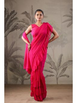 Geroo Jaipur - Pink Chiffon Pre-Stitched Saree with Unstitched Blouse