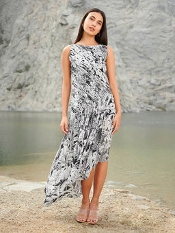 House of Soi - House Od Soi Black Pintuck Printed Asymmetric Dress