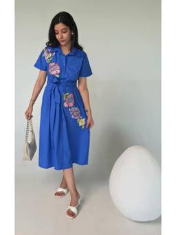 Galocher Clothing - Azure- Blue Thread Embroidered Midi Dress With Belt