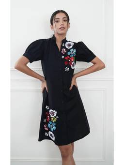 Galocher Clothing - Black-Multi Floral Hand Embroidered Shirt Dress