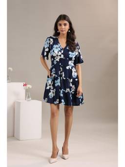 June 9 Clothing - Blue Floral Print Mini Dress For Women