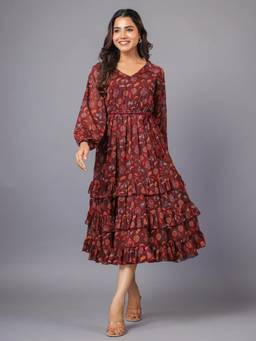 June 9 Clothing - Maroon Boho Floral Print Tiered Midi Dress
