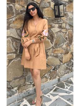 Galocher Clothing - Beige Floral Bloomy Cotton Dress With Belt