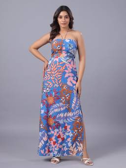 June 9 Clothing - Blue Cotton Floral Halter Neck Side Slit Sheeth Maxi Dress