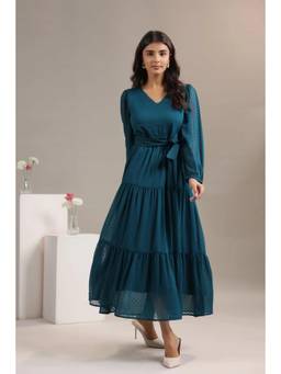 June 9 Clothing - Teal Green Party Wear Chiffon Midi Dress With Belt