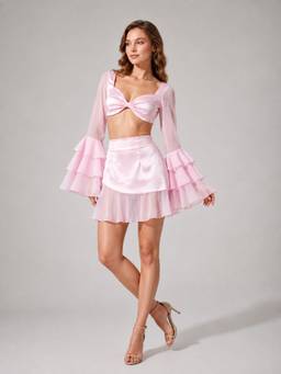 Stylia - Soft Pink Twisted Crop Top With Mini Skirt