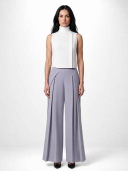 Stylia - Ivory High-Neck Scarf Top With Pleated Wide-Leg Trousers