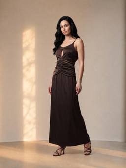 Stylia - Chocolate Brown Ruched Keyhole Camisole Top With Maxi Skirt