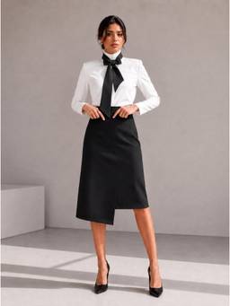 Stylia - White Monochrome Bow-Tie High-Neck Shirt With Midi Skirt