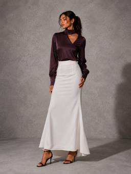 Stylia - White Plum Satin High-Neck Cutout Top With Maxi Skirt