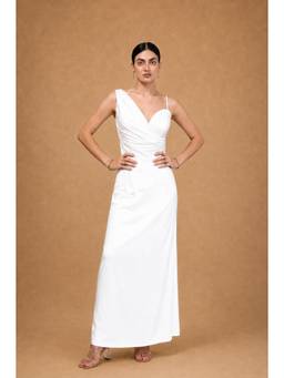 Stylia - Pristine White Asymmetric Draped Top With Skirt