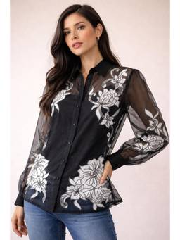 Galocher Clothing - Black Organza Applique Shirt