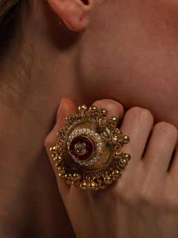 VENI - Gold-Plated Oxidised Red Ruby Stone Studded Durga Finger Ring