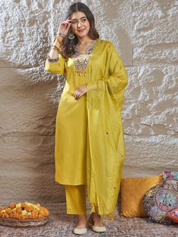 ANAISA - Women Yellow Solid Kurta with Pant and Kota Doriya Dupatta (Set of 3)