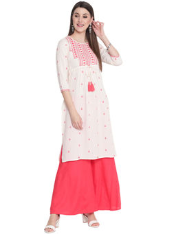 SAVI - Off White and Pink Embroidered Kurta with Palazzo (Set of 2)