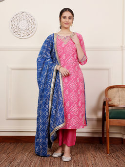 SAVI - Pink Bandhini Embroidered Kurta with Pant with Dupatta (Set of 3)