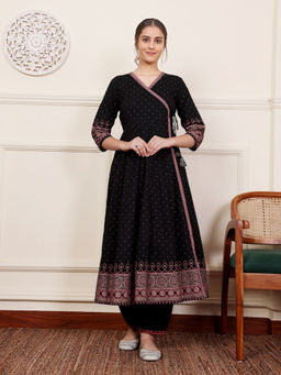 SAVI - Black Cotton Printed Angrakha Kurta with Pant (Set of 2)