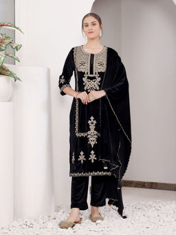 SAVI - Black Velvet Embroidered Kurta with Pant with Dupatta (Set of 3)