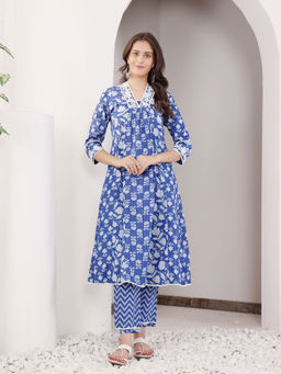 SAVI - Blue Cotton Lurex Kurta with Pant (Set of 2)