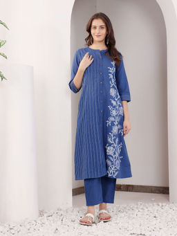SAVI - Blue Cotton Printed Detailed A Line Kurta with Pant (Set of 2)