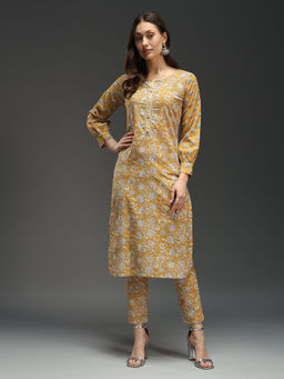 PINKSKY - Yellow Cotton Printed Kurta with Pant (Set of 2)