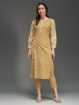 PINKSKY - Yellow Cotton Printed Kurta with Pant (Set of 2)