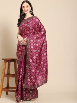 Odette - Purple Silk Printed Saree with Unstitched Blouse