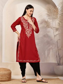 QAZMI - Red Kiara Kashmiri Aari Work Straight Kurta