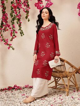 QAZMI - Red Women Sana Kashmiri Aari Work Full Sleeves Straight Kurta