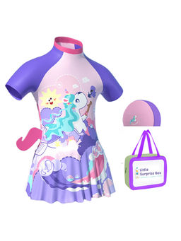 Little Surprise Box - 3d Tail Purple Mermaid Unicorn Frock style Kids Swimwear-shorts & Swim Cap