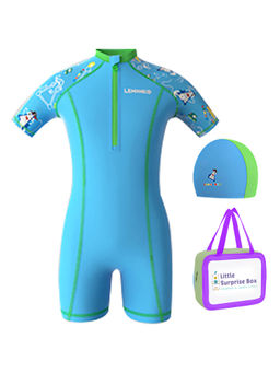 Little Surprise Box - Light Blue & Green Pirates Shark Swimwear for Kids, Knee Length,Swim Cap