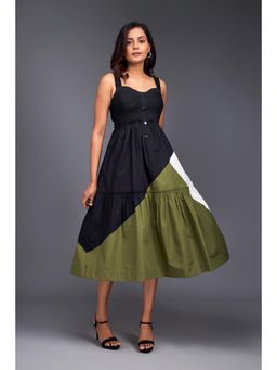 Deepika Arora - Colour Block Green Fit And Flare Sleeveless Midi Dress