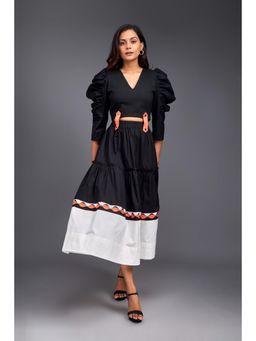 Deepika Arora - Flared Neon Black Tie-Up Connector Crop Top with Skirt (Set of 2)