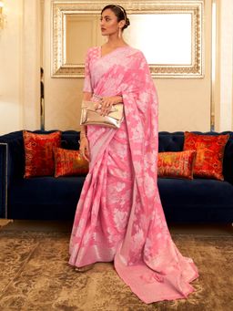 Akhilam - Womens Cotton Linen Pink Chikankari Designer Saree with Unstitched Blouse