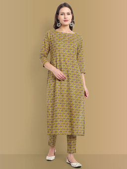 Mera Rang - Maira Mustard Block Print A Line Kurta with Pant (Set of 2)