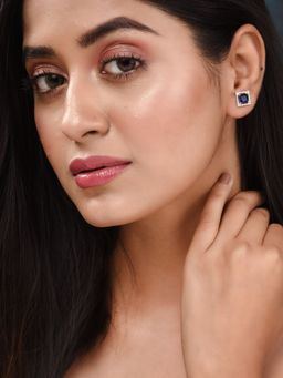 Saraf RS Jewellery - Silver Plated Blue AD Studded Studs Earrings