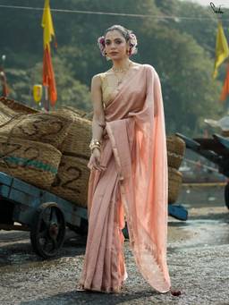 Suta - Dusty Pink Viscose Blend Saree with Woven Zari Checks